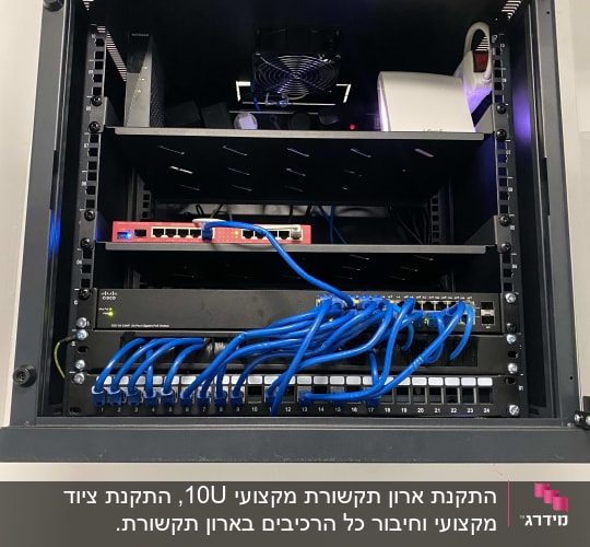 ארון תקשורת עם נתבים וכבלים כחולים מחוברים